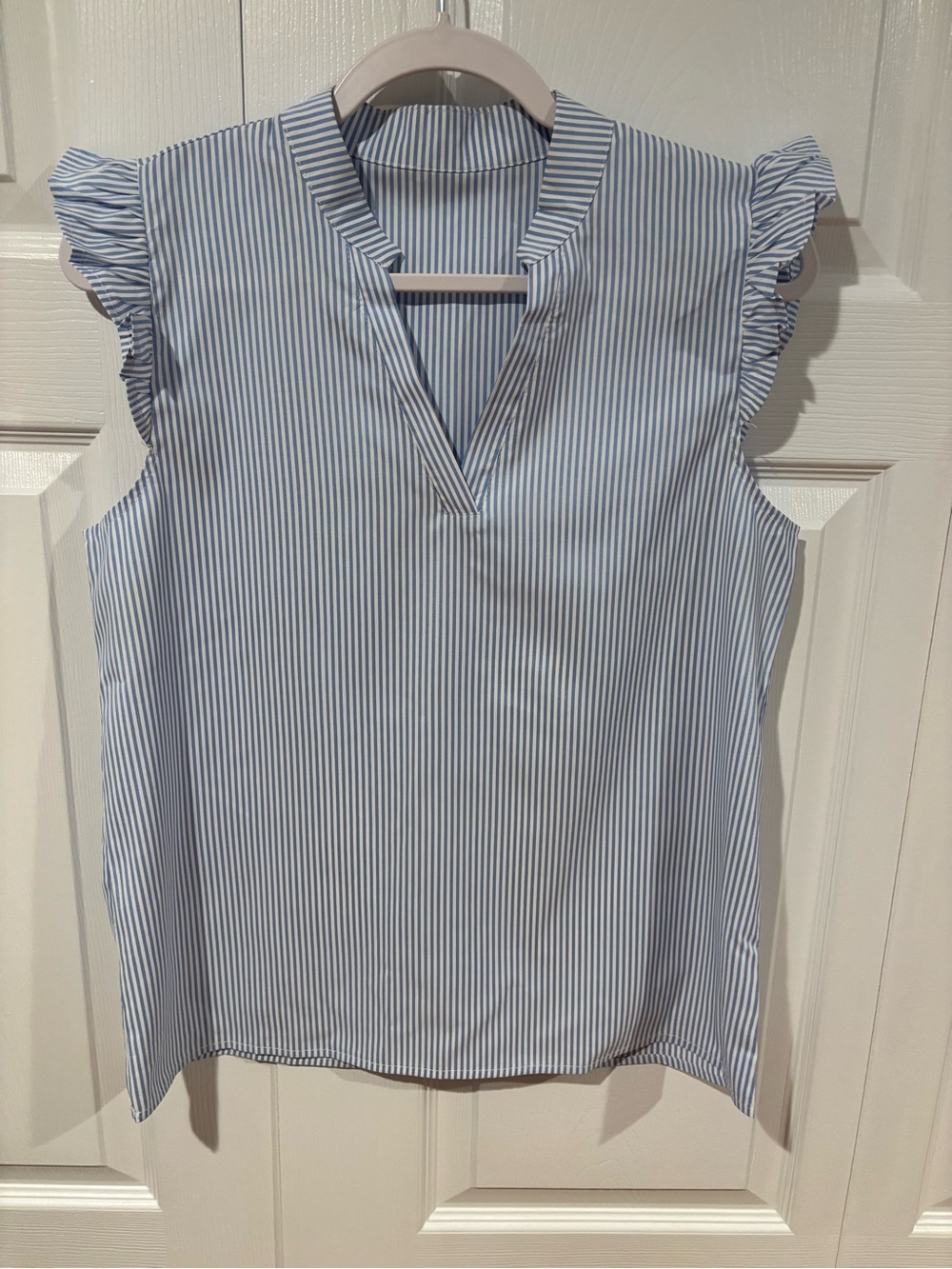 Sleeveless Blue & White Stripe Ruffle Sleeve Blouse